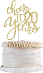 Gold Glitter Cheers to 20 years Cake topper, Happy 20th Birthday Cake Decorations,Perfect for 20 Years Cake Decorating,Wedding/Anniversary Party Decorating supplies.