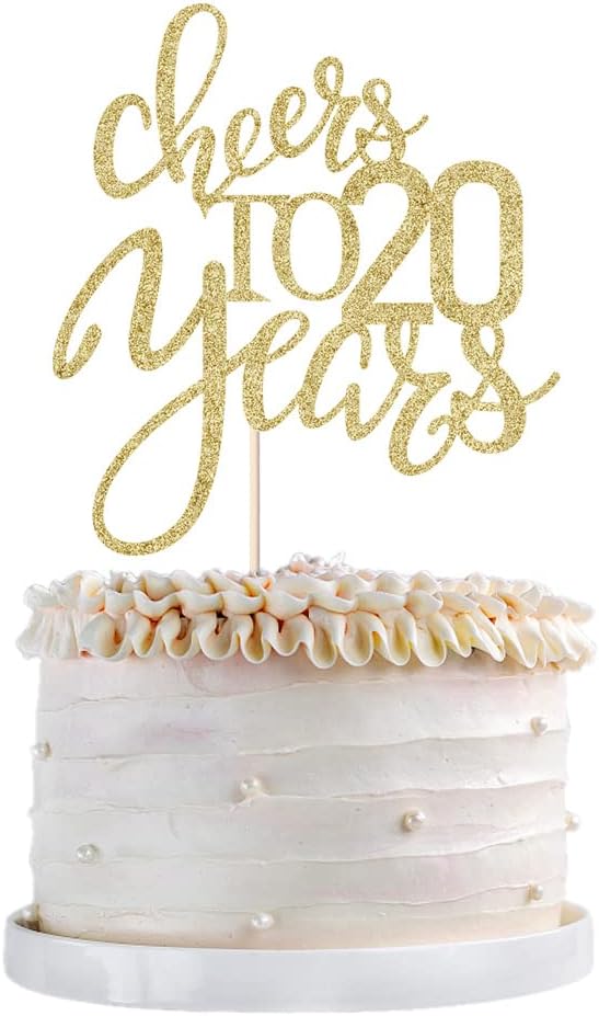 Gold Glitter Cheers to 20 years Cake topper, Happy 20th Birthday Cake Decorations,Perfect for 20 Years Cake Decorating,Wedding/Anniversary Party Decorating supplies.