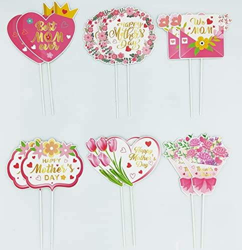 12 Pieces Happy Mother's Day Cake Toppers Thanks Mom Best Mom Ever We Love Mom Mothers Day Cake Picks with Heart Flowers Tulip Carnation Signs Mother's Day Party Cake Decorations Supplies