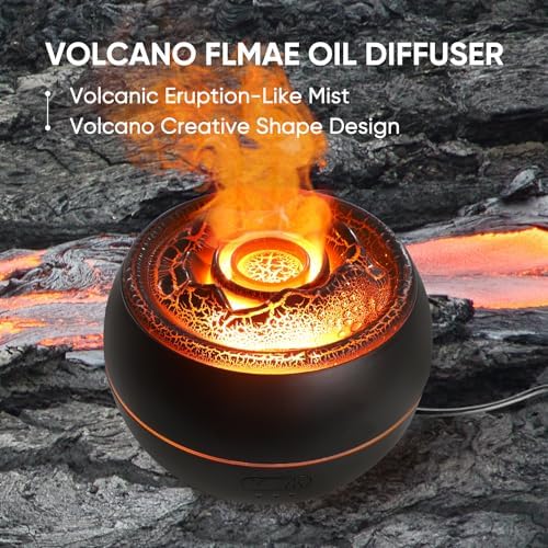 YALEDI Essential Oil Diffuser, Volcano Fire Flame Aromatherapy Diffuser, 360ml Ultrasonic Cool Mist Humidifier, Scent Aroma Diffuser with 7 Colors Light, Timer & Auto Shut-Off for Home, Room (Black)