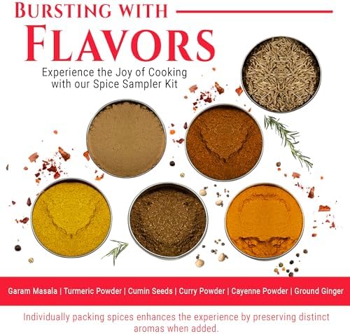 Indian Spice Sampler Kit Gift Set by Flavor Temptations | 6 Salt-free, Gluten-free Spices including Garam Masala, Turmeric, Cumin, Curry powder | 3 Indian Food Recipes
