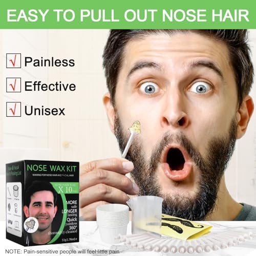 Nose and Ear Hair Waxing Kit - Hair Removal Set for Men and Women with 50g Wax Beads, 20 Applicators (10 times), 10 Paper Cups, and 10 Mustache Guards