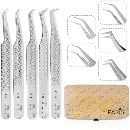 PLA Professional Lash Extension Tweezer Set 5 Pair Silver Ultimate Volume Tweezers Fiber Tip Essential Must Have Lash Artist Kit for Premade, Fan Making and Isolation with Magnetic Storage Case