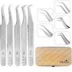 PLA Professional Lash Extension Tweezer Set 5 Pair Silver Ultimate Volume Tweezers Fiber Tip Essential Must Have Lash Artist Kit for Premade, Fan Making and Isolation with Magnetic Storage Case