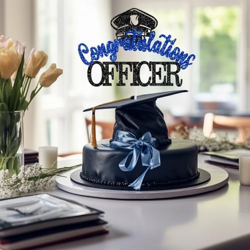 Congratulations Officer Cake Topper, Police Officer Graduation Decorations, Congrats Police Officer, Police Academy Graduation Party Decorations (Black and Blue Glitter)