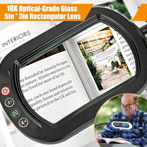 Veemagni 10X Rectangle Magnifying Glass with Light and Stand, Flexible Gooseneck LED Lighted Desk Lamp, 5 Color Modes Stepless Dimmable, Hands Free Magnifier for Reading Crafts Painting Close Work