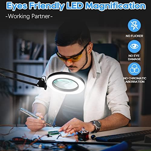 10X Magnifying Glass with Light, Adjustable Swing Arm 72 LEDs Real Glass Lens Magnifying Lamp, 3 Color Modes 10 Stepless Dimmable, Lighted Magnifier for Daily Reading Hobbies Crafts Workbench (Black)