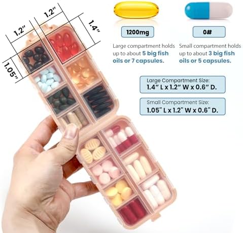 4 Pack, 14 GRIDS Travel Pill Organizer Box with Labels - Travel Medicine Case Kit - Pocket Daily Pharmacy Container - Travel Medication Holder Dispenser for Fish Oil Vitamin Supplement Storage