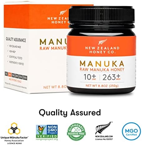 New Zealand Honey Co. Raw Manuka Honey UMF 10+ | MGO 263+ | UMF Certified Monofloral New Zealand Honey for Daily Wellness, Family, Skin Care & Dogs - 8.8oz / 250g