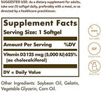 Solgar Vitamin D3 (Cholecalciferol) 125 MCG (5000 IU), 100 Softgels - Helps Maintain Healthy Bones & Teeth - Immune System Support - Non GMO, Gluten-Free, Dairy Free - 100 Servings