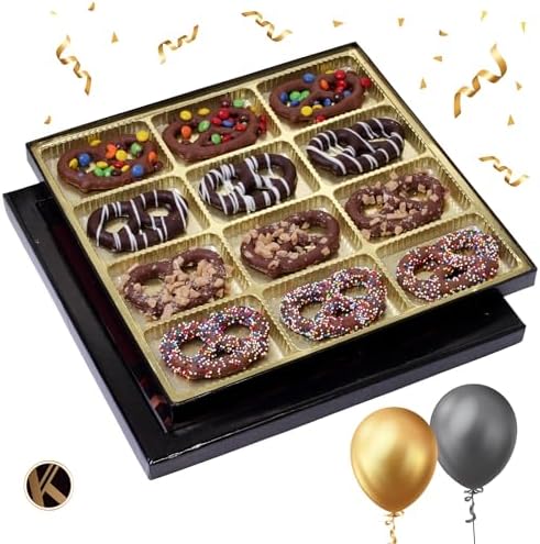 KREMERY Creamy Chocolate Cravings - Birthday Treats Chocolate Covered Pretzel Twists Gift Basket with Candied Toppings (12 Pretzels) Sweets Treats in Sectional Gift Box + Greeting Card, Kosher