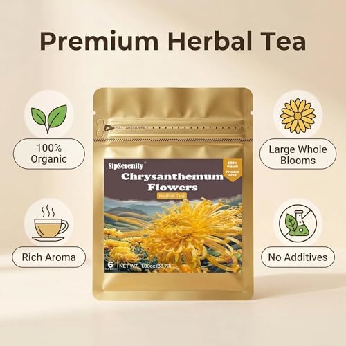 SipSerenity Golden Chrysanthemum Tea Whole Dried Premium Chrysanthemum Flowers, Sulfur-Free,Caffeine-Free Herbal Tea, Natural Blooming Floral Tea for Cup or Teapot,1.18oz (6 PCS)