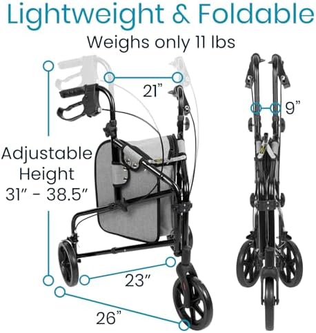 Vive Mobility 3 Wheel Walker - Three Wheeled Rollator for Seniors - Lightweight, Foldable, Narrow, Heavy Duty - for Elderly Men Women - Folding 3-Wheel Tri Scooter with Basket Bag