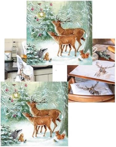 20-ct 13x13 Snowfun Christmas Napkins for Decoupage - Winter Animal Paper Napkins With Deer in Forest Snow Scene - Beautiful Holiday Napkins for Kids