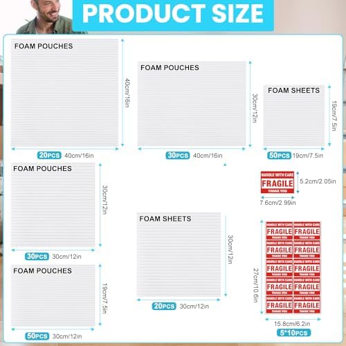 AOBOPLE 250 Pack Moving Supplies,5 Sizes (16x16",16x12",12x12",12x7.5",7.5x7.5") 200 Foam Pouches and Foam Sheets with 50 Fragile Stickers,Packing Supplies to Protect Artworks,Photo Frame,Dishes