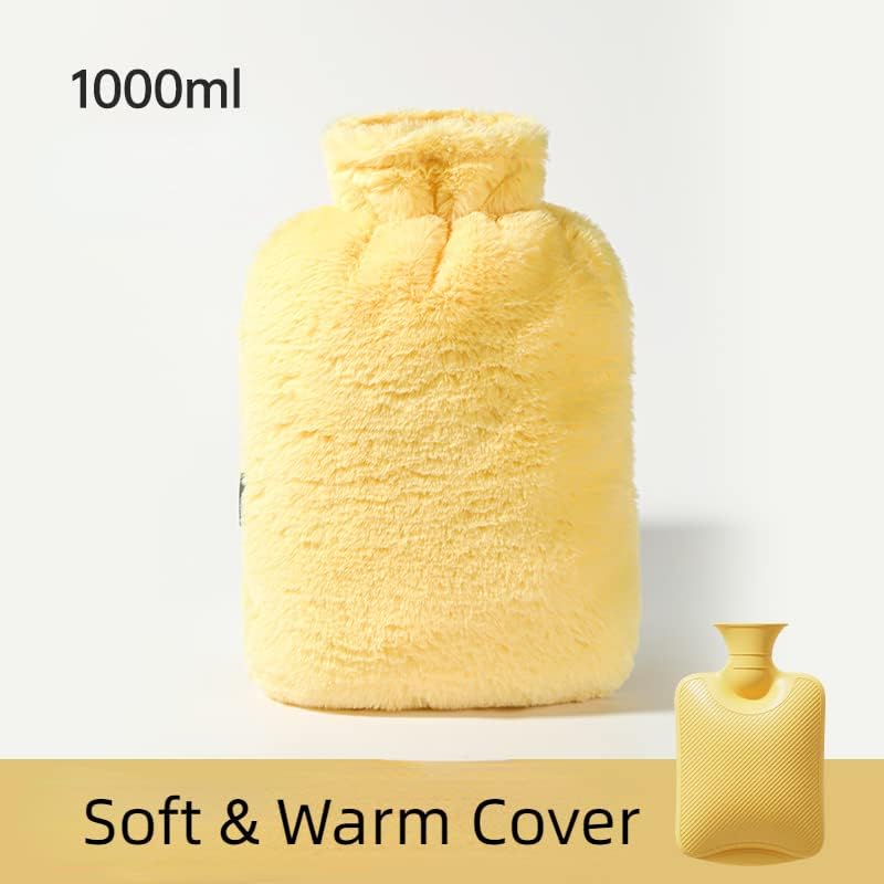 Cute Faux Fur Plush Hot Water Bottle with Fleece Cover, Kawaii Hot Water Bag Cute Faux Fur Cover, Feet Bed Warmer for Neck, Cramps, Shoulders Pain Relief Cold Winter Supplies Gifts for Girls (Yellow)