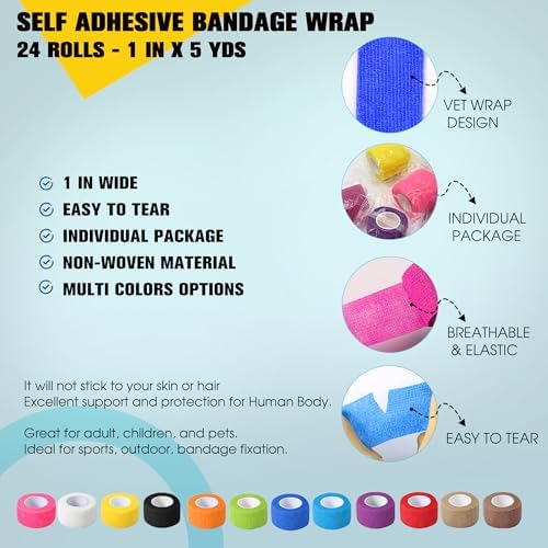 24 Pack Self Adhesive Bandage Wrap, 1 in x 5 Yards Non-Woven Self Adherent Cohesive Bandage, Vet Wrap Wound Tape for Thumb Finger Wrist Knee Ankle, White