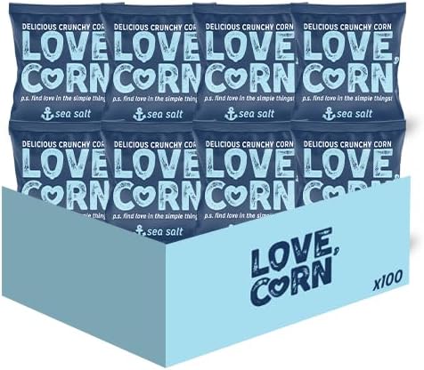 LOVE CORN Sea Salt | Delicious Crunchy Corn Snacks | .07oz x 100 Gluten Free, Vegan Bags | Convenient for Lunch Boxes, Commuting & Office Snacks
