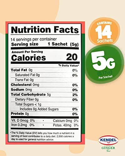 Kendel Instant Ginger Turmeric Tea – Unsweetened Real Ginger Powder Drink – Caffeine Free Wellness Beverage – Hot or Cold Mix – 14 Sachets