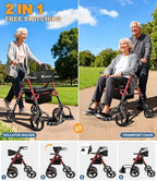 Foldable 2-in-1 Rollator Walker and Wheelchair Combo for Seniors with Seat, Heavy Duty Transport Chair 300 lbs Capacity, Lightweight, Anti-Tip Brakes, Adjustable Height 33.5"-40" (Red)
