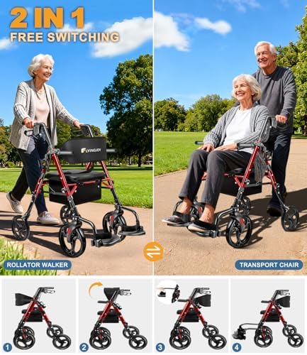 Foldable 2-in-1 Rollator Walker and Wheelchair Combo for Seniors with Seat, Heavy Duty Transport Chair 300 lbs Capacity, Lightweight, Anti-Tip Brakes, Adjustable Height 33.5"-40" (Red)
