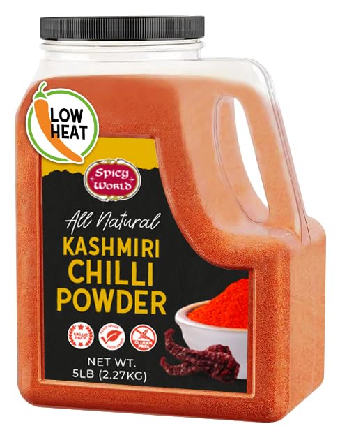 Kashmiri Chili Powder 5 LB Bulk Jar - All Natural, Low Heat Chilli Powder (Deggi Mirch), Salt-Free, 100% Natural Authentic Indian Spice by Spicy World