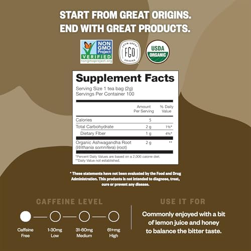 FGO Organic Ashwagandha Tea, 100 Count, Eco-Conscious Herbal Tea Bags, Resealable Bag, Caffeine Free, Packaging May Vary (Pack of 1)