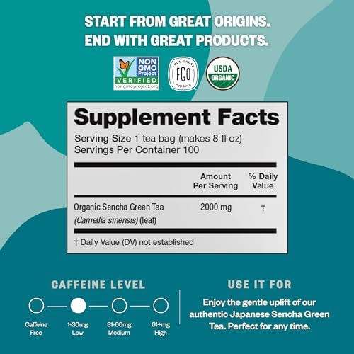 FGO Organic Japanese Sencha Green Tea, 20 Count, Eco-Conscious Tea Bags, Resealable Bag, Packaging May Vary (Pack of 1)