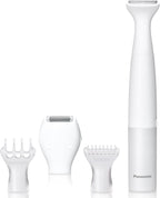 Panasonic Bikini Trimmer and Shaver for Women with 4 Attachments for Fast Easy Gentle Grooming in Intimate Areas, Use Wet/Dry, Electric Razor, Battery-Operated – ES-WV62-H (White/Silver)