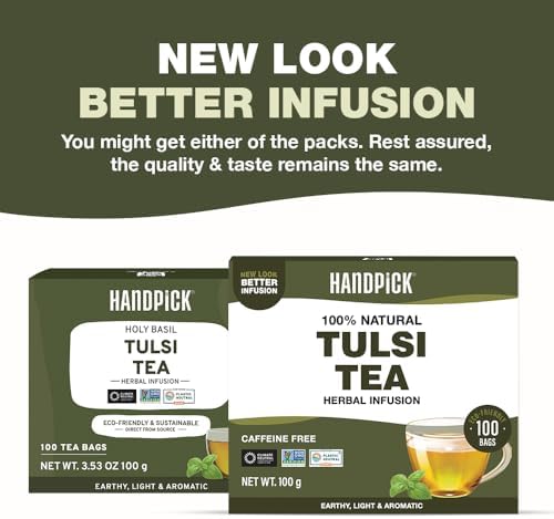 HANDPICK Original Tulsi Tea (100 count) Holy Basil Tea | Non-GMO, Caffeine-Free Herbal Tea | Ecofriendly Round Tea Bags