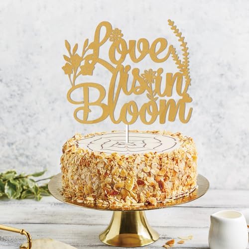 Love is in Bloom Cake Topper - Floral Bridal Shower Decor, Wildflower Themed Bridal Shower Engagement Wedding Party Decorations Gold Glitter