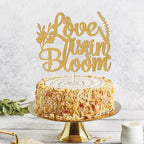 Love is in Bloom Cake Topper - Floral Bridal Shower Decor, Wildflower Themed Bridal Shower Engagement Wedding Party Decorations Gold Glitter