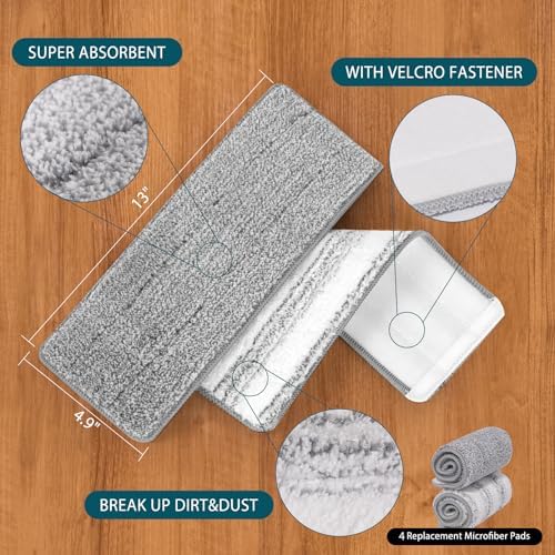 4 Pack Mop Replacement Pads Compatible with Joymoop Flat Mop or Mop Bucket Set - Microfiber Flat Mop Pads for All 13" X 4.9" Squeeze Flat Floor Mop - Washable Mop Head Replacement