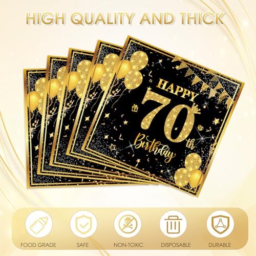 40PCS 70th Birthday Napkins Disposable Paper Napkins Black and Gold Party Decorations Tableware for 70th Birthday Decorations for Men Women for 70th Anniversary Birthday Wedding Party Supplies