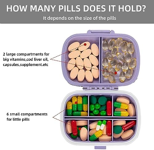 Bling Travel Pill Organizer Cute Pill Box with Labels Rhinestone Pill Case for Purse Portable Daily Pill Container 7 Day Medicine Holder for Vitamin Supplement(Purple)