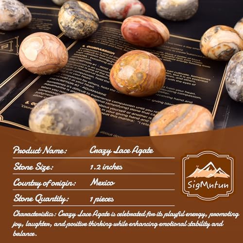 Polished Crazy Lace Agate Healing Crystal Stone – 1 Pc 1.2" Worry Stone for Anxiety, Pocket Palm Gemstone, Super Large Handpicked Natural Tumbled Rock for Meditation, Reiki, Chakra, Home Decor