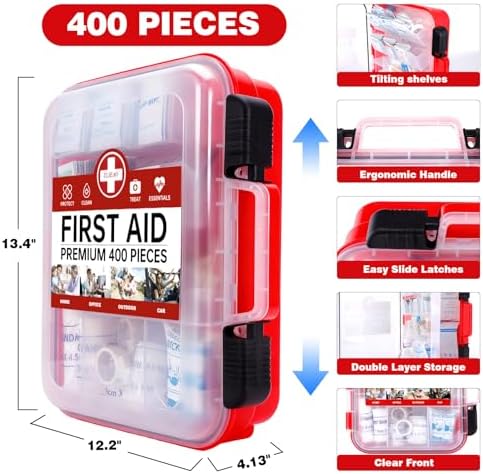 400 Pieces All-Purpose First Aid Kit - Organized Dual-Layer Wall - Professional Medical Kit for Home, Car, Camping, Travel, Office, Outdoor, Business & Sports