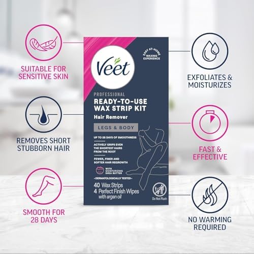 VEET Sugar Wax Strips For Women's Body Hair Removal, Bikini Hair Removal Kit, Pubic, Dermatologically Tested For Body & Intimate Areas, 40ct Wax Strips with Shea Butter & 4ct Wipes (Pack of 3)