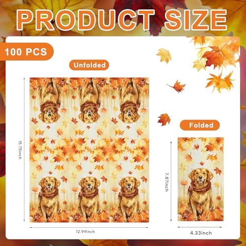100pcs Maple Leaves Golden Retriever Napkins 3-Ply Thanksgiving Napkins for Decoupage Disposable Guest Hand Towels for Bathroom Home Kitchen Table Harvest Party