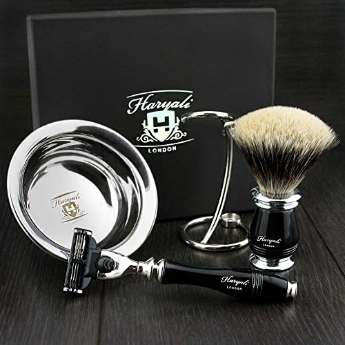 Haryali London 4 Pc Mens Shaving Kit 3 Edge Razor With Silver Tip Badger Hair Shaving Brush, Stand and Stainless Steel Bowl Perfect Set For Men