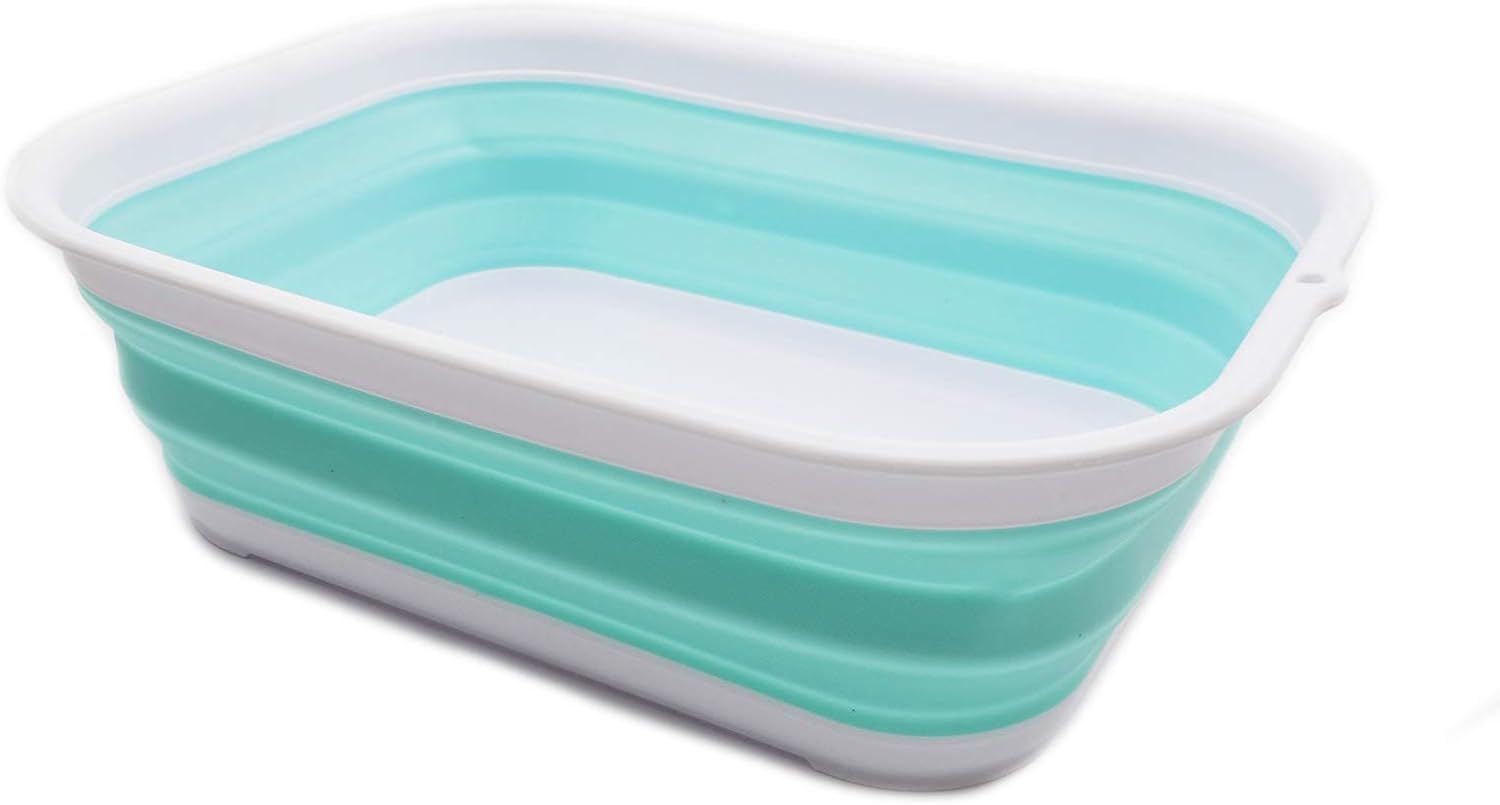 SAMMART 12L (3.17 Gallon) Collapsible Tub - Foldable Dish Tub - Portable Washing Basin - Space Saving Plastic Washtub (1, White/Lake Green)