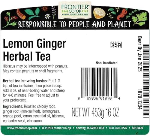 Frontier Co-op Lemon Ginger Herbal Tea, Kosher, Bulk Tea | 16 Ounce (Pack of 1)
