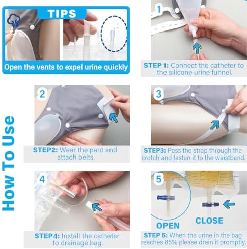 Catheter for Women, Urine Collection System, Reusable Portable Silicone Urinal with 2 Bags (1000ml & 2000ml), 1.2M Tube, and Adjustable Breathable Pants (Women)