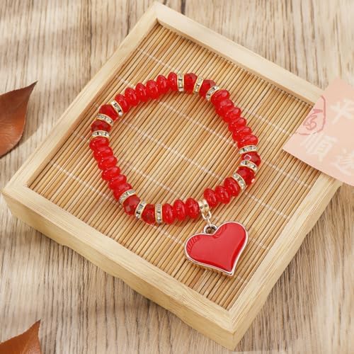 Natural Stone Love Heart Bracelet Beaded Crystal Peach Heart Bracelet Handmade Jewelry for Women Couple Colorful Stone Elastic Pendant Bracelet