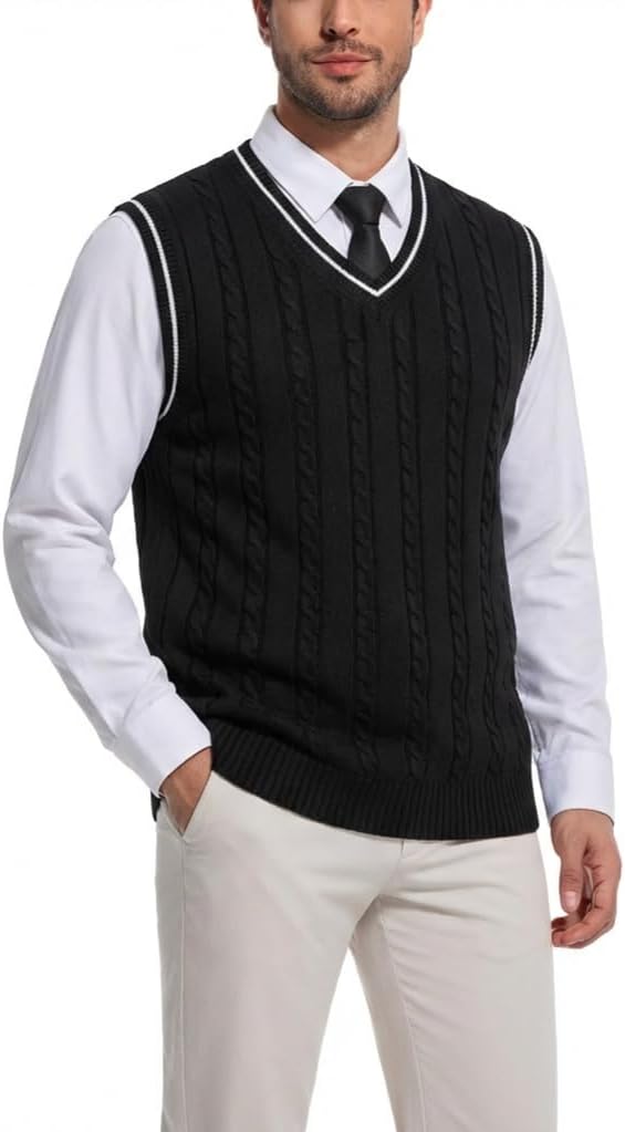 Sweater Vest Men - Men's V Neck Cotton Vest，Pullover Cable Knit Vest for Men Fit Business Casual for Fall Winter Layering