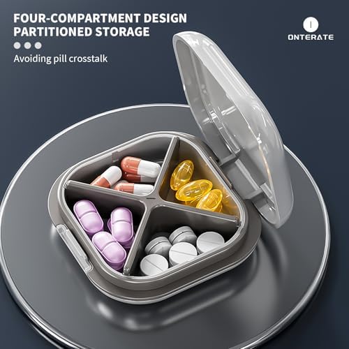 ONTERATE Small Pill Case, Travel Pill Organizer, Small Pill Box, Pill Container for Purse 4 Compartments, Daily Compact Travel Medicine Holder for Vitamins Medication (Pink)