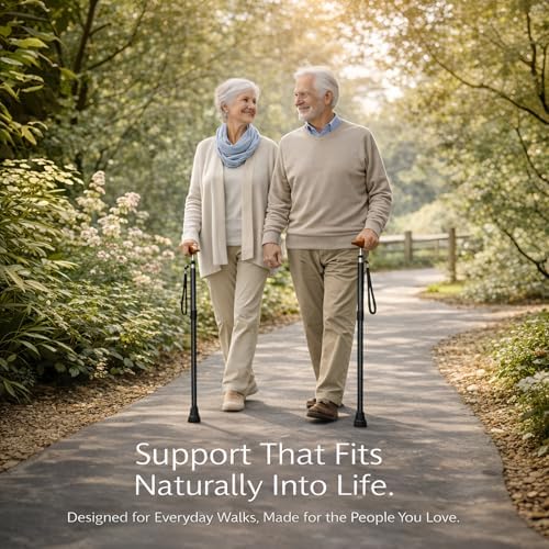 Carbon Fiber Folding Walking Cane for Men & Women, Lightweight Adjustable Travel Cane with Solid Wood Handle, Quad Tip & Carry Bag, Supports up to 300 lbs