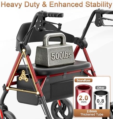 SOUNDFUSE Bariatric Walker for Seniors with Extra Wide Seat, 500lb Heavy Duty Rollator Walker, Handle & Seat Height Adjustable, Foldable Rolling Walkers with 8" All-Terrain Wheels
