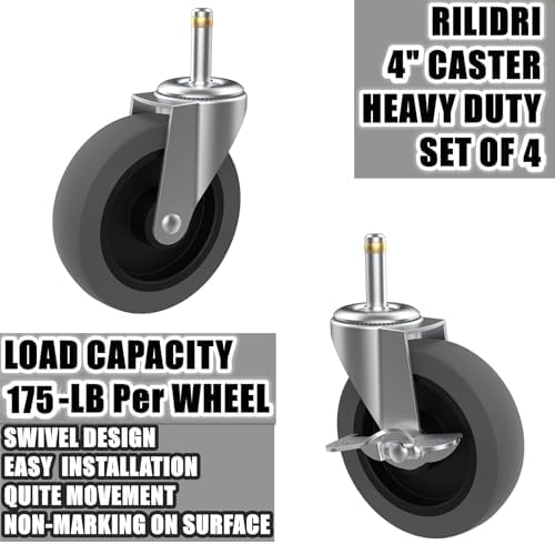 4-Inch Swivel Stem Caster for Rubbermaid Mop Bucket Utility Cart, 7/16-Inch Stem Diameter Rubber Wheel Set of 4, Heavy Duty TPR Weber Grills Shop Vac Replacement Wheels