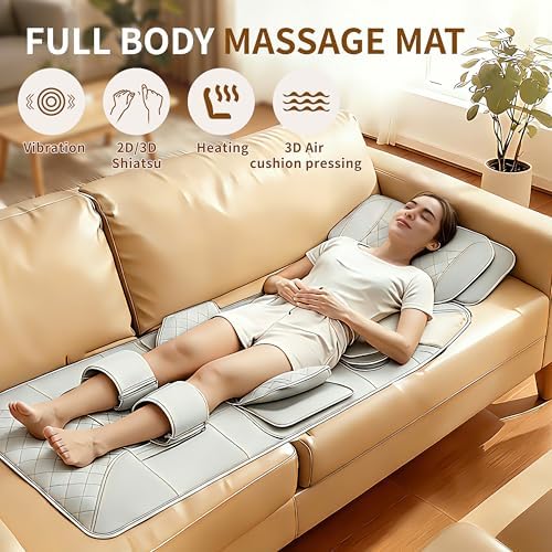 Full Body Massage Mat with Heat,Back Massage Pad with Movable Shiatsu Neck Massager for Bed Sofa,3D Airbags Body Stretching & Lumbar Traction,Portable & Foldable,Gifts for Men Women